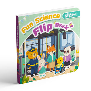 Children's flip book about city buses, public transport, and everyday science