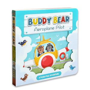 Toddler interactive board book with aeroplane pilot adventure and push-pull play