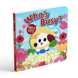Angled product view of Who's Busy Push and Pull Board Book interactive board book