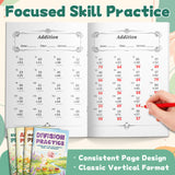 Elementary arithmetic practice pages with clean answer layouts