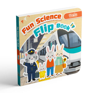 Children's flip book about trains, rail travel, and everyday science