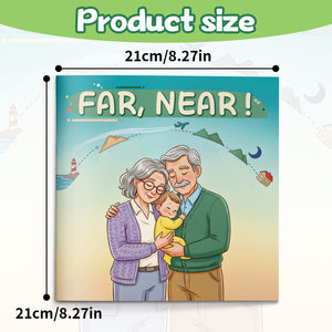 Toddler picture book about far and near distance concepts and spatial vocabulary
