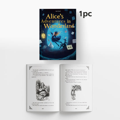 Lewis Carroll children's fantasy books with Alice, playing cards, clock, and white rabbit