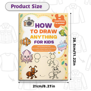 Children's drawing activity book with sea creature, bug, and everyday object sketch lessons