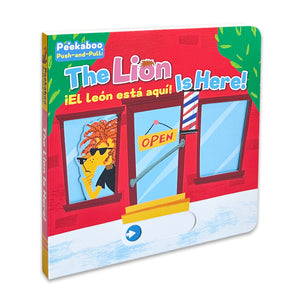 Toddler lion push-and-pull board book for animal vocabulary and fine motor skills