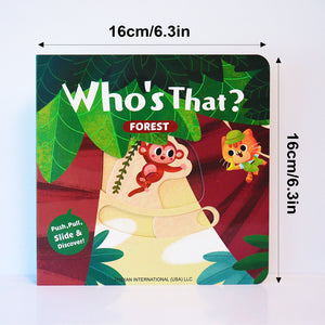 Toddler forest animal board book with push, slide, and discover interaction