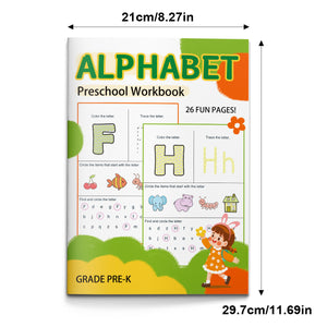 Pre-K alphabet workbook with letter recognition and tracing practice