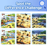 Printed screen-free visual puzzle book with animal adventure scenes