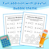 Printed subtraction worksheets with playful bubble theme