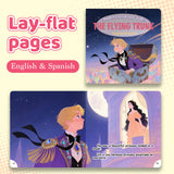 Lay-flat pages from The Flying Trunk English and Spanish picture book