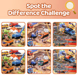 Printed visual puzzle activity book with trucks machines and construction scenes