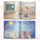 Printed STEM science book with colorful electricity and chemistry illustrations