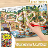 Printed screen-free maze activity book with playful path tracing puzzles