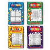Family using colorful sudoku workbooks for logic practice
