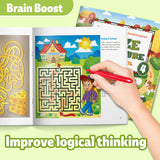 Printed farm maze activity book with complex pathfinding puzzles