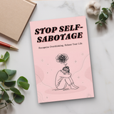Desk flat-lay with Stop Self-Sabotage paperback