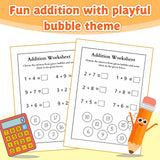 Printed addition worksheets with playful bubble theme