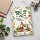 Desk flat-lay with The Holistic Health Manual and plant accents
