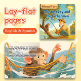 Lay-flat pages from The Monkey and the Fishermen bilingual fable