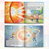 Printed STEM science book with colorful nuclear chemistry illustrations for kids