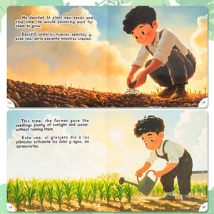 Paired Mounting-Bilingual Tales: Pulling Up the Seedlings to Help Them Grow – English & Spanish Storybook