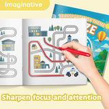 Printed transportation maze activity book with 21 cm square format