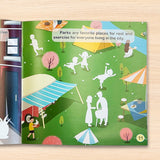 Printed preschool community vocabulary book with creative sticker play