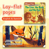 Lay-flat pages from The Lion, the Bear, and the Fox bilingual fable