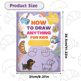 Children's drawing activity book with puppies, flowers, toast, boots, and simple sketch steps