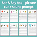 Printed ABC workbook with guided writing rows