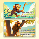 Monkey and river story scenes in bilingual picture book