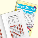 Parent and child using a sight words search workbook