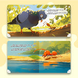 Ant and dove story scenes by water in bilingual picture book