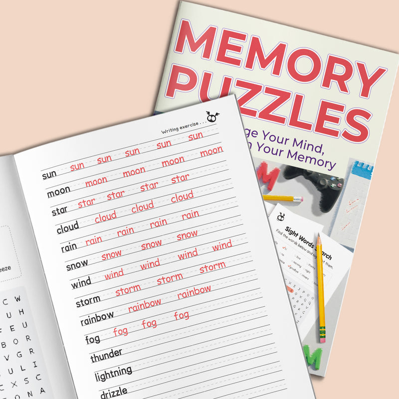 Memory Puzzles Sight Words Search Workbook cover for kids