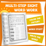 CVC word family pages with simple sentence writing practice