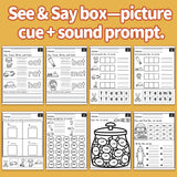 Printed phonics workbook with picture vocabulary and sound prompts