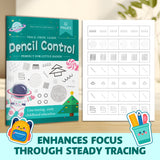 Children's handwriting readiness book with space-themed patterns