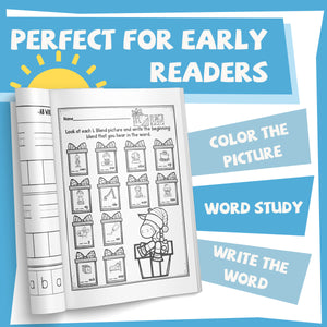 Holiday phonics pages with CVC words and blend practice