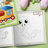 Printed preschool activity book with numbered paths and coloring pages
