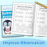Children practicing subtraction equations with bubbles