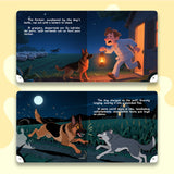 Farm dog story scenes in bilingual picture book