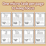 Printed alphabet handwriting pages with picture association