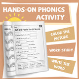 Printed early literacy workbook with story writing and word blends
