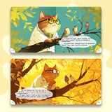 Cat and bird forest scenes in bilingual picture book