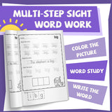 Printed early literacy workbook with common word writing activities