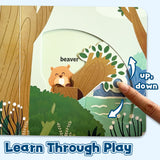 Learn through play slider page in Who's Eating It Push and Pull Board Book