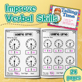 Kindergarten and Grade 1 telling time workbook for Ages 5-8