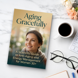 Study desk flat-lay with women's anti-aging wellness guide