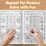 Children's subtraction practice pages with cut and match activities