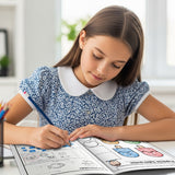 Printed math and literacy workbook with sequencing activities
